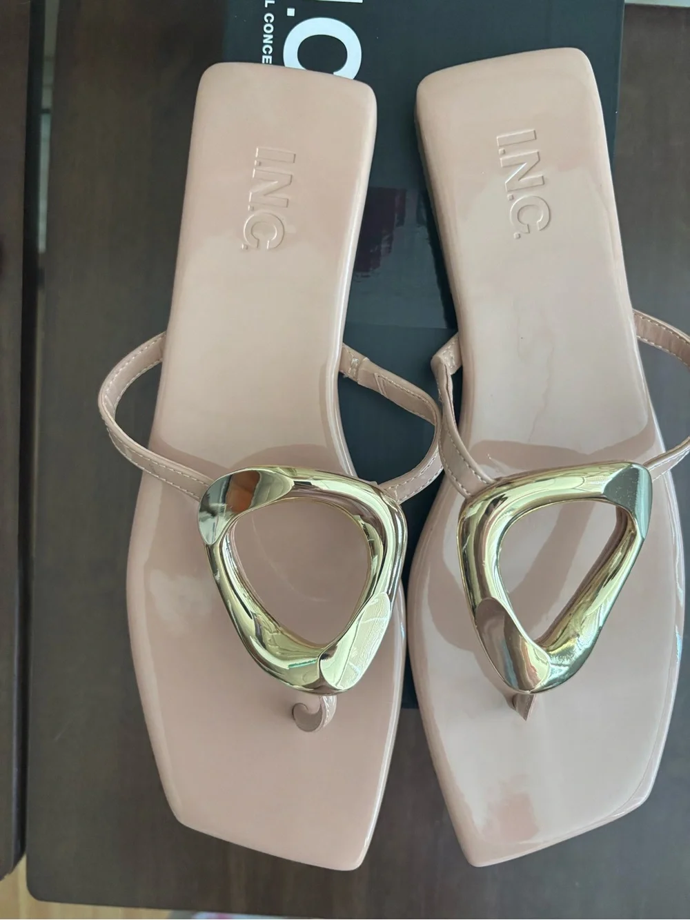 BNIB, I.N.C. Nude Patent Thong Sandals with Gold Accent
